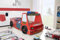 Aileenstore Feuerwehrbett Kinder 90x200 Spielbett Kinderbett Rio Firetruck Autobett Hochglanz mit LED Leuchte (Rot, mit Matratze und Bettwäsche)