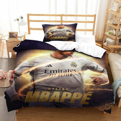 Rochile Mbappe Bettbezug Bettwäsche Kinderbettwäsche-Set Reißverschluss Mit Kissenbezug Betten Set Für Jugendliche Kinder Schlafzimmer Single（135x200cm）