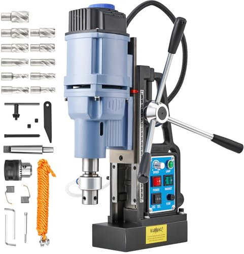 ZELCAN Mag Drill Press1550W, Portable Magnetic Drill Press with 50mm Boring Diameter and Reversible & Stepless, 13900 N 650 RPM Electric Drilling Machine with 11 Bits