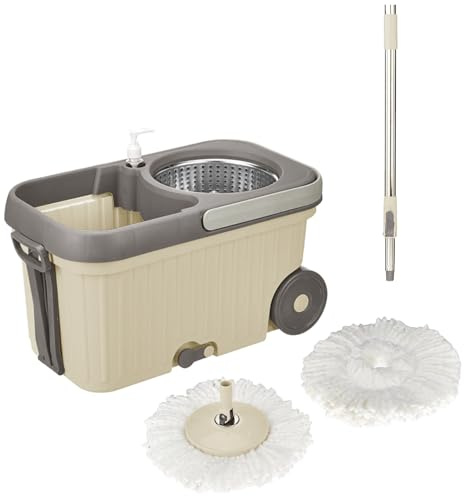 Swiss Coffee Hurricane Spin Mop and Ribbed Bucket Set 360° Rotating Steel Wringer Spin Mop with Big Wheel, Drag Handle & Drain Plug Floor Cleaning Mop Bucket 2 Microfiber Heads Refills- Easy Assemble