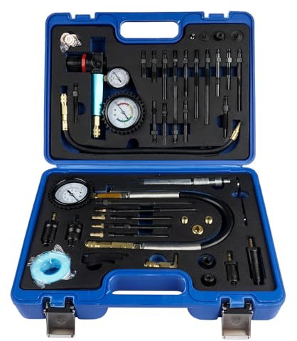 GLOSSY AUTO PARTS Kompressionsprüfgerät Druckverlusttester für Benzin- und Dieselmotoren Pkw- und LKW-Motoren, mit 34 verschiedenen Adaptern, 725 PSI - Blaues Außengehäuse