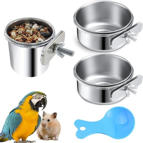 Bird Feeding Dish Cups Set, Stainless Steel Parrot Feeding Cups Animal Cage Water Food Bowl Bird Cage Cup Holder with Clamp Holder for Birds Parrot Water Food Dish Feeder(3PCS)