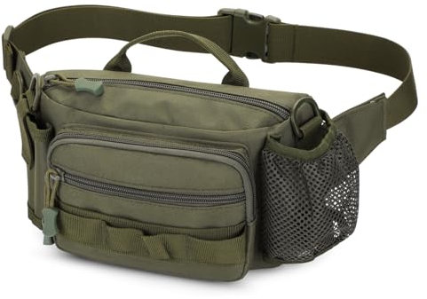 Huntvp Tactical Waist Bag Bumbag with Bottle Holder, Waist Fanny Pack Belt Crossbody Chest Bum Bags for Men and Ladies Hiking, Camping, Cycling, Running, Dog Walking (Green)