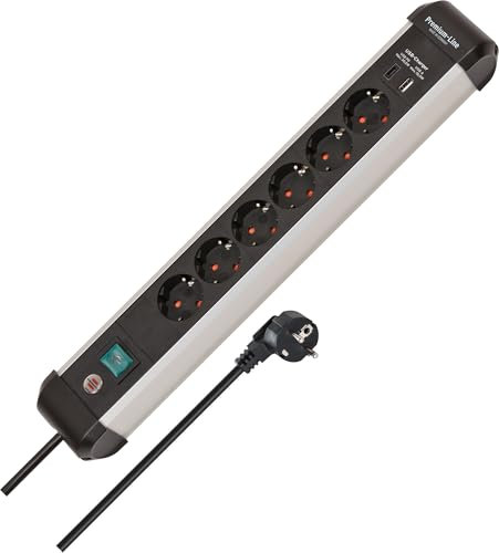 Brennenstuhl Premium-Alu-Line Steckdosenleiste 6-Fach mit USB C PD 30W und USB A 18W aus Aluminium (Made in Germany, Mehrfachsteckdose mit 3m Kabel und Schalter, Steckerleiste zur Wandmontage)
