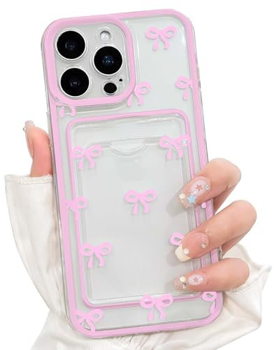 NITITOP Compatible with iPhone 13 Pro Max Case Clear with Card Holder Cute Pink Bowknot Pattern Bow Ribbon for Women Girl Color Frame TPU Shock-absorbing Wallet Case Protective Cover - Pink