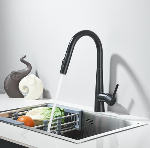 HARNART Niederdruck Armatur Küche Schwarz Wasserhahn Küche Niederdruck Küchenarmatur Mischbatterie mit Brause Ausziehbar 360° Schwenkbar Spültischarmatur Küche Zwei Strahlarten Wasserstrahlarten Wasse