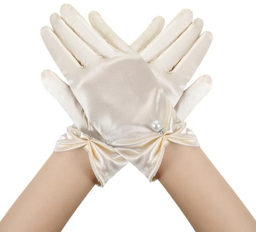 Yolev Brauthandschuhe Kurze Satin Satinhandschuhe Damen Elegant Blumenhandgelenk Spitzenhandschuhe Höflichkeits Sommer Hochzeits Oper Dinner Handschuhe