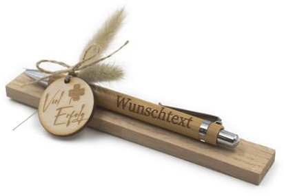 VmG-Store Holz Kugelschreiber als Geschenkidee zum Muttertag Mama Vatertag Geburtstag Papa Oma und Opa Arbeitskollege Freundin Freund (Mit Wunschname, 15 Viel Erfolg Kleeblatt)