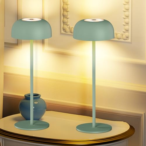 Lampada da Tavolo Senza Fili Dimmerabile, Lampada da Comodino Ricaricabile USB-C, 3 Temperature Colore, Metallo Lampada da Scrivania IP54 Impermeabile per interni ed estern Ristorante (verde, 2)