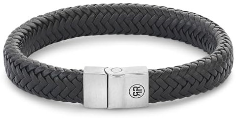 Rebel & Rose Herren-Lederarmband Schwarz Full Metal Herringbone Black RR-M0019-S-XL 21 cm