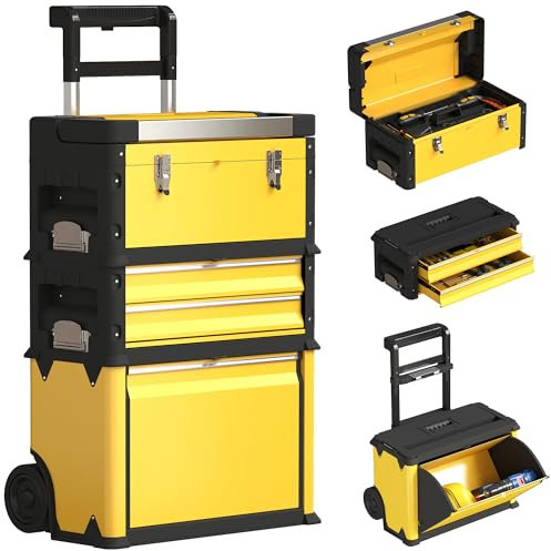 HOMCOM Tallar Móvil Apilable 3 en 1 Caja de Herramientas con Ruedas Carro de Herramientas de Acero con Bandeja Mango Telescópico Amarillo y Negro