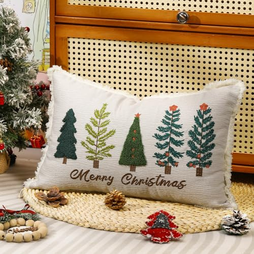 Lewondr 30x50cm Weihnachten Kissenbezug, Weihnachtsbaum Stickerei, 1 Stück | Versteckter Reißverschluss, Lendenkissenbezug, für Bett Schlafzimmer Wohnzimmer Couch Dekor