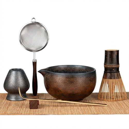 GleeNflux Matcha Set, 7-Piece Matcha Whisk Set with Bowl & 100-Prong Whisk | Gilded Finish, Includes Purple Bamboo Whisk, Tea Mat, Holder & Sifter for Matcha Preparation, Tea Ceremonies & Gifting