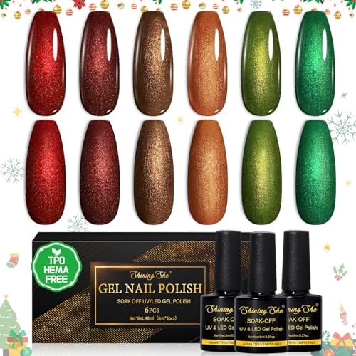 Shining She UV Nagellack, 6 Farben HEMA-Free TPO-Free Gel Nagellack uv Herbst Winter Mermaid Glitzer Rot Grün Braun Orange Soak-Off UV Gel Nail Polish Weihnachten für Anfänger Maniküre Salon DIY, 8ML