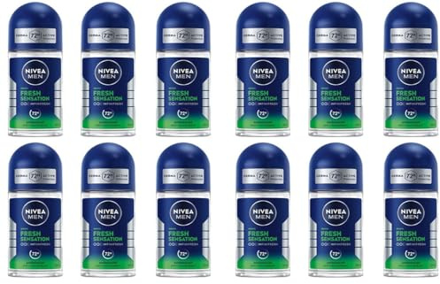 12x NIVEA MEN Fresh Sensation Deo Roll-On Antitranspirant für 72h Schutz gegen Schweiß und Geruch Deodorant mit antibakterieller Wirkung und verführerischem Duft,ohne Ethylalkohol,50ml (12er Pack)