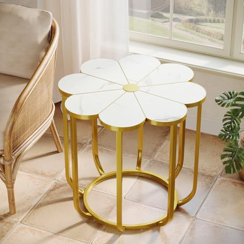 Tribesigns Beistelltisch in Weiß und Gold, 60 cm Moderner Sofa Tisch in Blumenform mit Kunstmarmor, Nachttisch mit Goldfarbenem Metallgestell, Beistelltisch Holz für Wohnzimmer, Schlafzimmer, Lounge