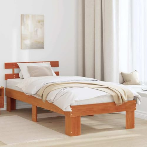 kithwjll Bettrahmen Wachsbraun 100x200 cm, Massives Kiefernholz, Modernes Einzelbett mit Lattenrost, Langlebig, Einfache Pflege