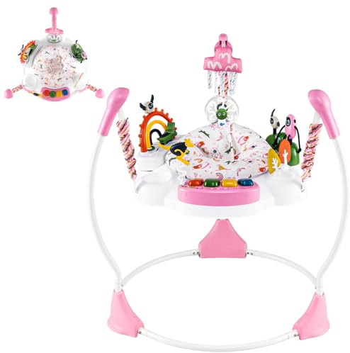 GYMAX Baby Jumpers & Bouncers, Interactive Baby Jumperoo Activity Center with 360° Rotary Seat, 3 Adjustable Heights, Music, Lights, Interactive Toys, Toddler Bouncer for 6 Months+ (Pink)