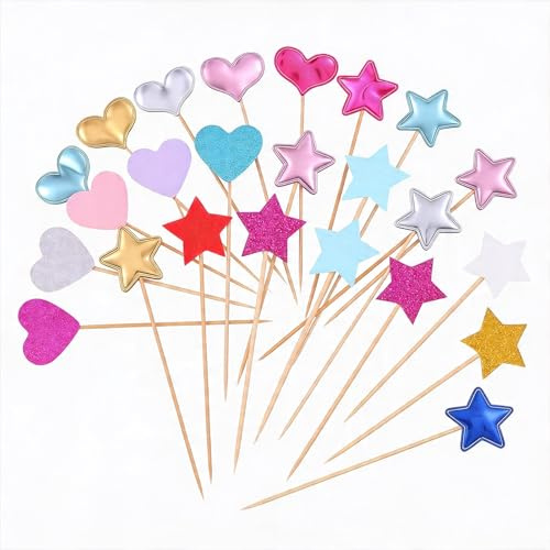 30 Stück Cupcake Toppers, Muffin Deko, Stern Tortendeko, Bunte Muffin Topper, Cupcakes Topper, Muffins Deko in Stern, Herz für Geburtstag Hochzeit Party