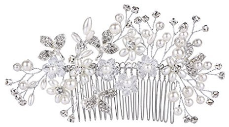 Clearine Damen Böhmisch Boho Kristall Weiß Künstliche Perlen Cluster Blume Haarkamm Klar Silber-Ton