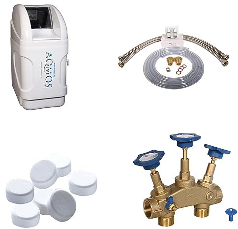 Aqmos FM-32 Wasserenthärtungsanlage im Set mit Montageblock und 100kg Regeneriesalztabletten | Wasserenthärtungsanlage für Haushalte bis zu 3 Personen | Entkalkungsanlage | Antikalkanlage |
