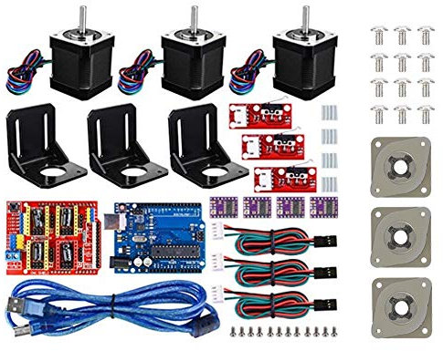 ASHATA 3D Printer CNC Kit,CNC Shield Erweiterungskarte+Board+4pcs DRV8825 Schrittmotortreiber+Aluminiumkühler+Schrittmotor für Nema 17 mit 3 Stoßdämpfer Set