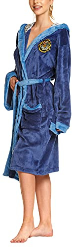Elbenwald Harry Potter Bademantel mit Kapuze mit großem Ravenclaw Wappen auf dem Rücken und aufgesetzten Taschen für Damen und Herren blau 110 cm