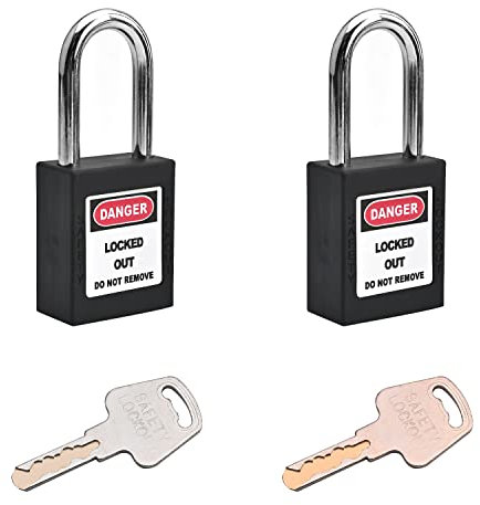 MroMax Cerradura de etiquetado de bloqueo, candado de seguridad con llave igual, candado de seguridad Loto con grillete de acero, candado negro para bloquear etiqueta, 2 unidades