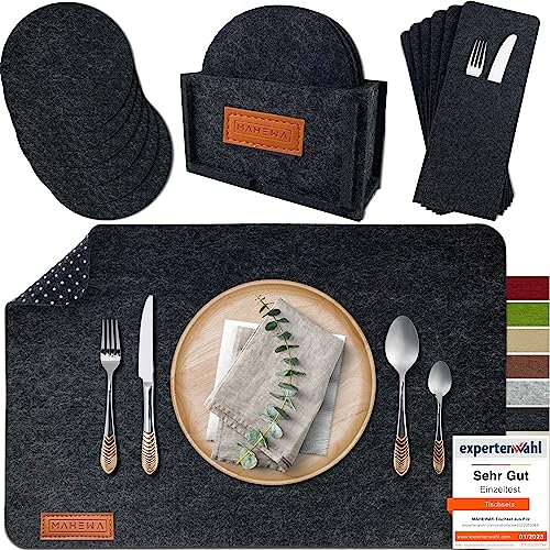MAHEWA® 6er Set Premium Filz Tischset Platzset mit 6X Glasuntersetzer 1x Halter und 6X Bestecktaschen rutschfest Ab-waschbar Anthrazit 6er Set mit Zubehör