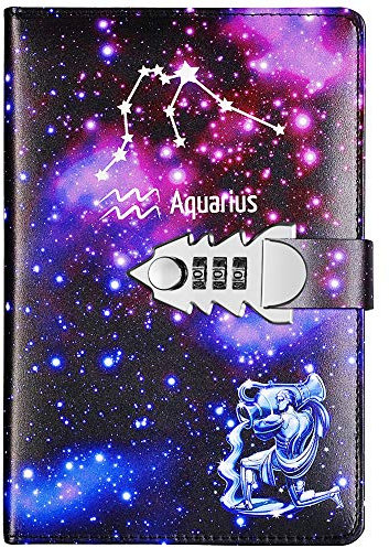 Yakri Tagebuch Notizblock Geheimnis Notizbuch Rekord mit Zahlenschloss DIY PassWord Notebook für Kinder Erwachsene Geburtstagsgeschenke A5 TPN145 (Aquarius)