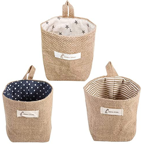 3 Pcs Small Hanging Storage Basket, Hanging Bag, Wall Hanging Basket | Cotton Hanging Storage Baskets,Hanging Storage Bag For TV Remote, Keys, Glasses, Cosmetics - 14 * 13 * 10cm