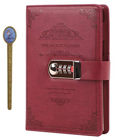 A5 Vintage Leather Journal with Combination Lock Digital Password Journal with Bookmark Pen Loop Retro Privacy Notebook Writing Travel Diary Locking Journal, 100 Sheets (Style 2-Red(20*14cm))