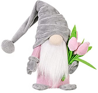 Super Idee Stehende Niedliche Wichtel mit tulpen Blumensträuße Süßer Zwerg Wichtel Figuren Geschenk für Frauen Mama Hochzeitstag Freundin Ehefrau Muttertag Dankeschön Maße 37 x 8 x 6 cm (Grau)