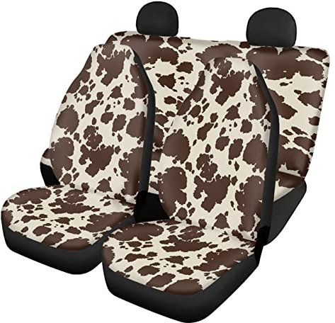 Wanyint Autositzbezüge, komplettes Set mit braunem Kuh-Druck, für Damen und Herren, Bezaubernder Tierfell-Druck, Vordersitzschoner + Rücklehne + Bodenbezug, komplettes Set mit 4 Stück