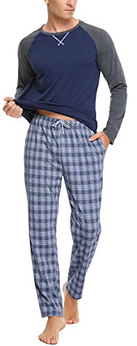 Litherday Pyjama Homme Hiver Ensemble de Pyjama à Carreaux Vêtements De Nuit Automne et Hiver à Manches Longues Haut et Pantalon Carreaux,A Bleu Marine,XL