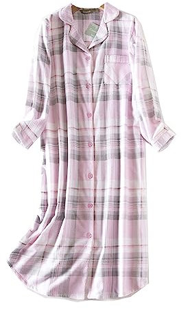 DSKK Chemise de Nuit Femmes Manches Longues Coton Flanelle Carreaux boutonnée Pyjama vêtements de Nuit Femme (7#,L)