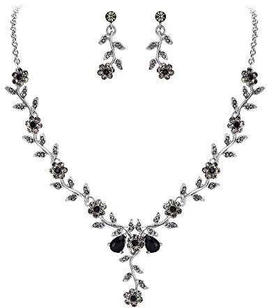 Clearine Damen Hochzeit Schmuck Set Blatt Cluster Blume Kristall Anhänger Halskette baumeln Ohrringe für Braut Schwarz Silber Tone