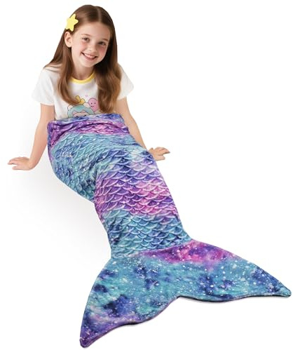 Catalonia Classy Mermaid Tail Blanket, Soft Warm Plush Fleece Sleeping Bag Snuggle Blanket for Teens 155×50 cm Rainbow Ombre, Fish Scale Pattern, Starry SKY