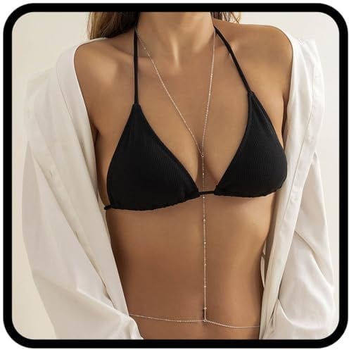 Flovel Perlen Körperkette Silber Brustketten Geschirr Nachtclub Bikini Körperkette Schmuck für Frauen und Mädchen