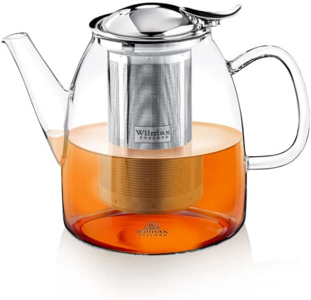 Wilmax Glass Teapot with Strainer Insert 1450 ml Tea Pot with Stainless Steel Lid Glass Jug for Tea Flowers Tea Maker for Loose Tea Removable Filter Dishwasher Safe