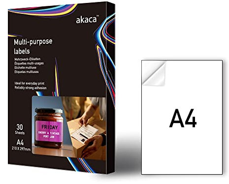 akaca Universal Etiketten, Selbstklebend Bedruckbar Matt Blanko Papier Klebeetiketten Aufkleber weiß, für Laser- und Tintenstrahldrucker (1 pro Blatt | 30 Blatt)