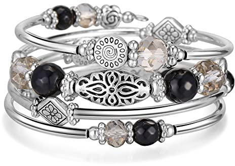 FULU AUTUMN Damen Boho Armband mit Mehrschichtiges Perlen Silber Wickelarmband Modeschmuck Geschenke zum Geburtstag und Muttertag für Frauen(Black grey)