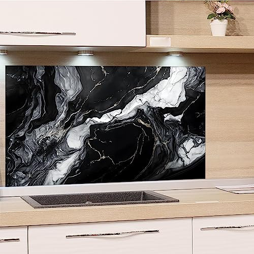GRAZDesign Spritzschutz Küchenrückwand Glas Küche für Herd & Küchenspüle, Marmor schwarz weiß - Glasplatte für Rückwand Küchenwand Wandschutz | 80x50cm