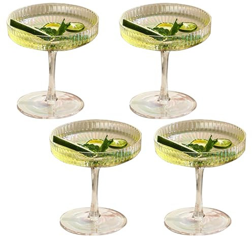BEIJIALY Martini Glass Set of 4, Crystal Cocktail Coupe Glasses, Ribbed Margarita Glasses Crystal Martini Glasses Colored, Cocktail Colored Glassware for Champagne, Martini(Clear)