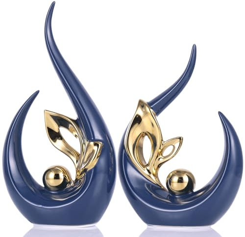 XMGZQ Blau und Gold Keramik Statue Satz von 2,Moderne Abstrakte Skulptur Design,24 cm Porzellan Figuren Haus Deko,Tischdekoration für Wohnzimmer,Schlafzimmer,Esszimmer,Büro,Kunststatue