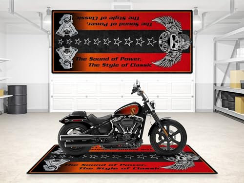 wibeart MPM Motorradmatte für den Style-Schriftzug. Waschbare, rutschfeste, öl- und wasserfeste Parkmatte für Garage, Ausstellungsraum | Lebendiges Schwarz - Größe 1 : 86.6 x 39.4/220 x 100 cm