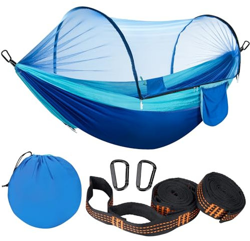 Ultraligera Hamaca con Mosquitera 300KG de Capacidad de Carga | Hamaca Jardin Exterior Amaca Secado Rápido | Nylon Paracaídas Transpirable Hamaca Colgante para Acampar, Mochilero y Senderismo