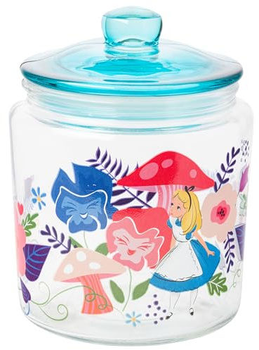 Silver Buffalo Disney Alice in Wonderland Flowers and Mushrooms Glass Cookie Snack Candy Jar with Lid (Small)