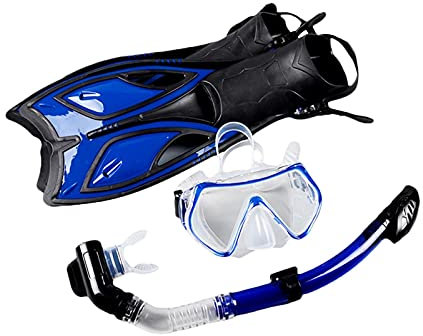 ISCBAFYX Schnorchelmasken-Set aus gehärtetem Glas mit vollständig trockenem Schnorchel, Langen Flossen und Taucherbrille für Erwachsene