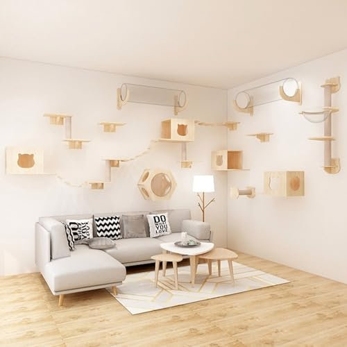 RUYICZB Kletterwand Katzen, Hölzerne Katzenwandmöbel, Katzenkletterbaum, Hölzerner Kratzbaum, Stabile Katzenmöbel, Katzenregale Und Sitzstangen Für Wand, Kletterregal Spielplatz,E